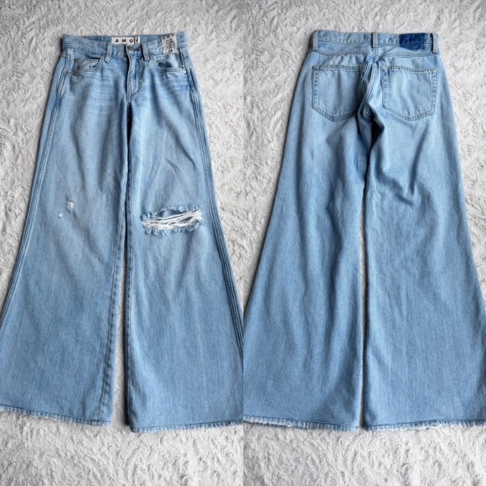AMO Faith Flare Jeans‎ Light Wash Distressed Ripped Knee Relaxed Fit Mid Rise 23 - Picture 11 of 13